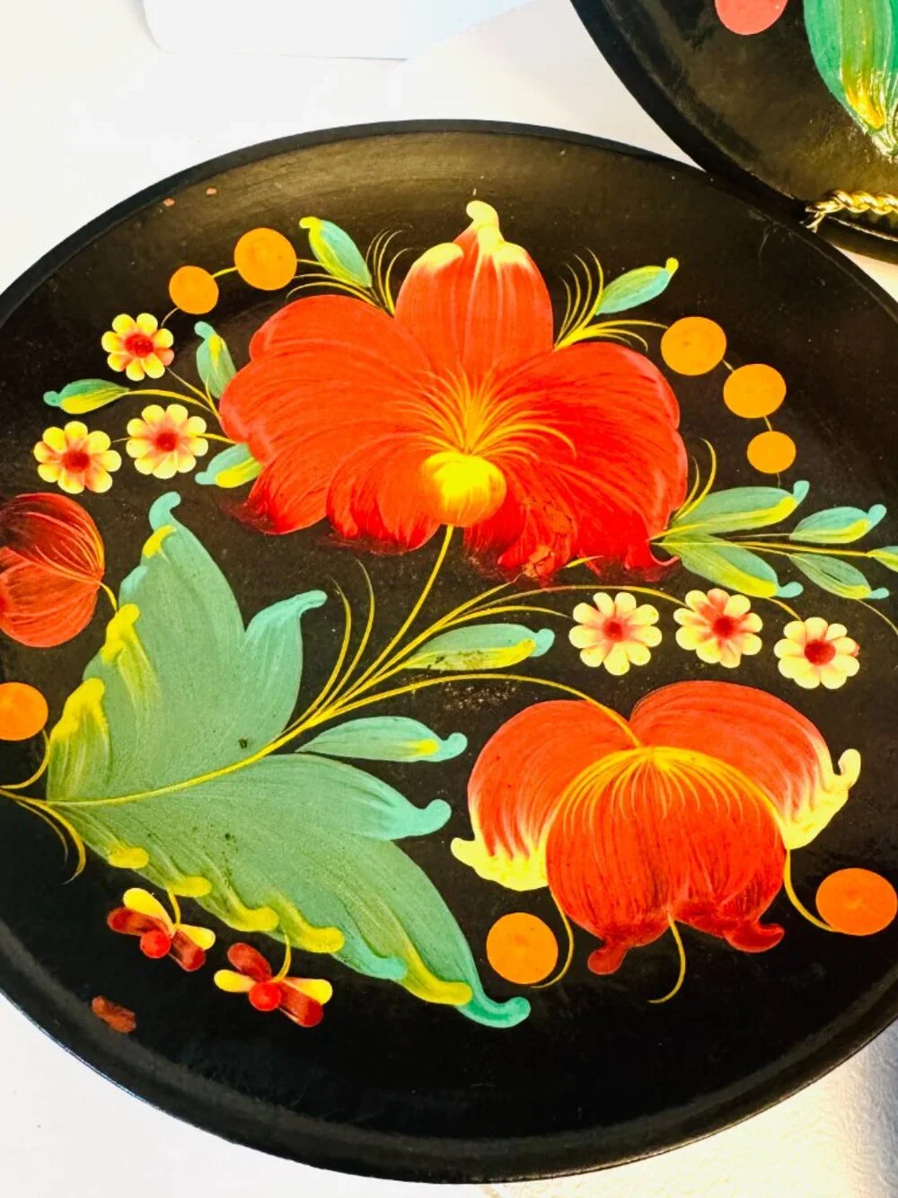 4 Vtg Ukraine Wooden Lacquer Floral Wall Plates 10-8-6-4